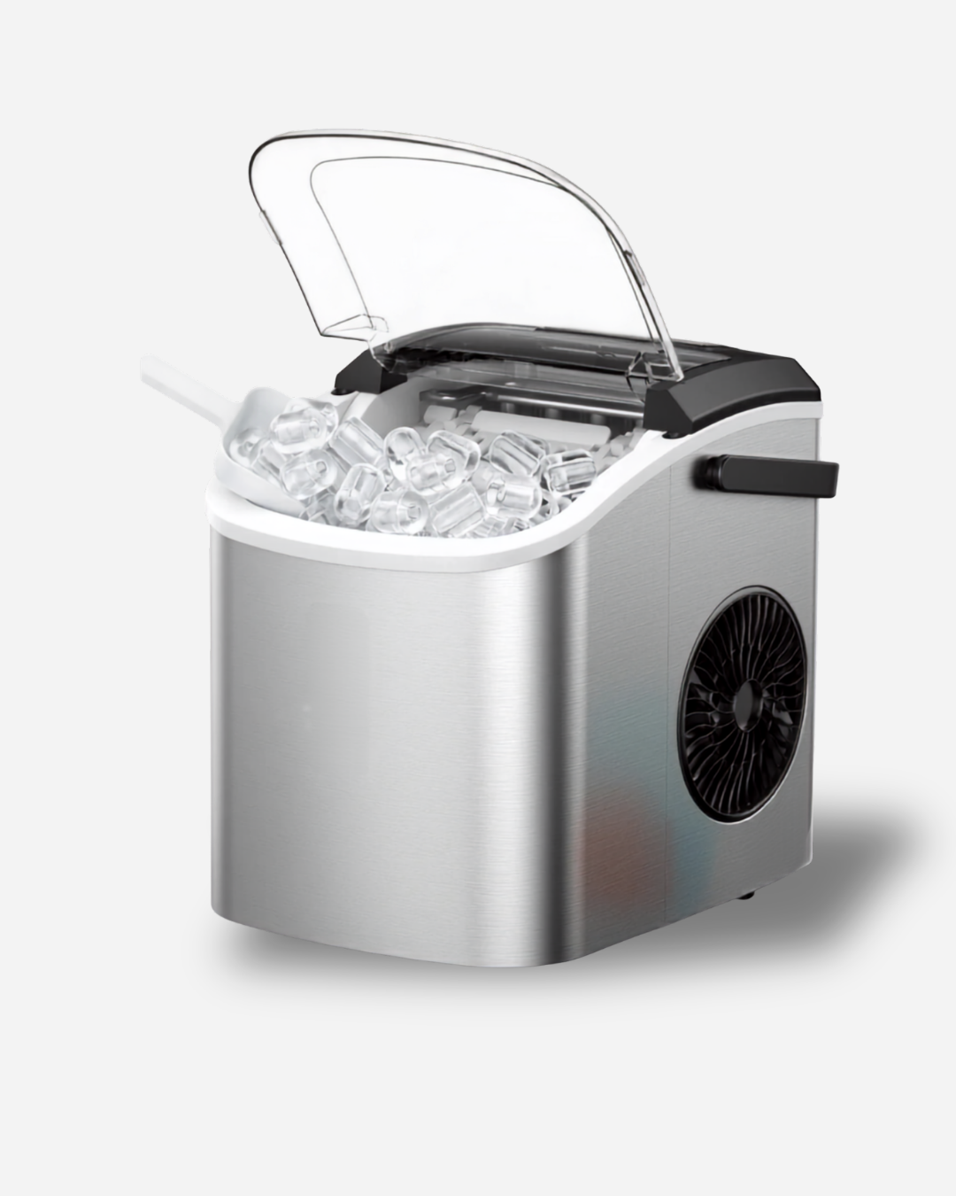 Machine à glaçons portable Zyra IceCube Pro en inox avec couvercle transparent ouvert