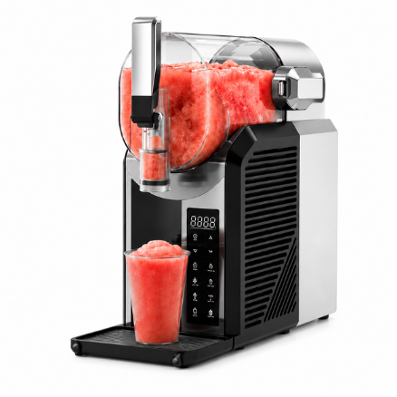 Machine à granita Zyra IceFlow avec cuve transparente et slush à la fraise