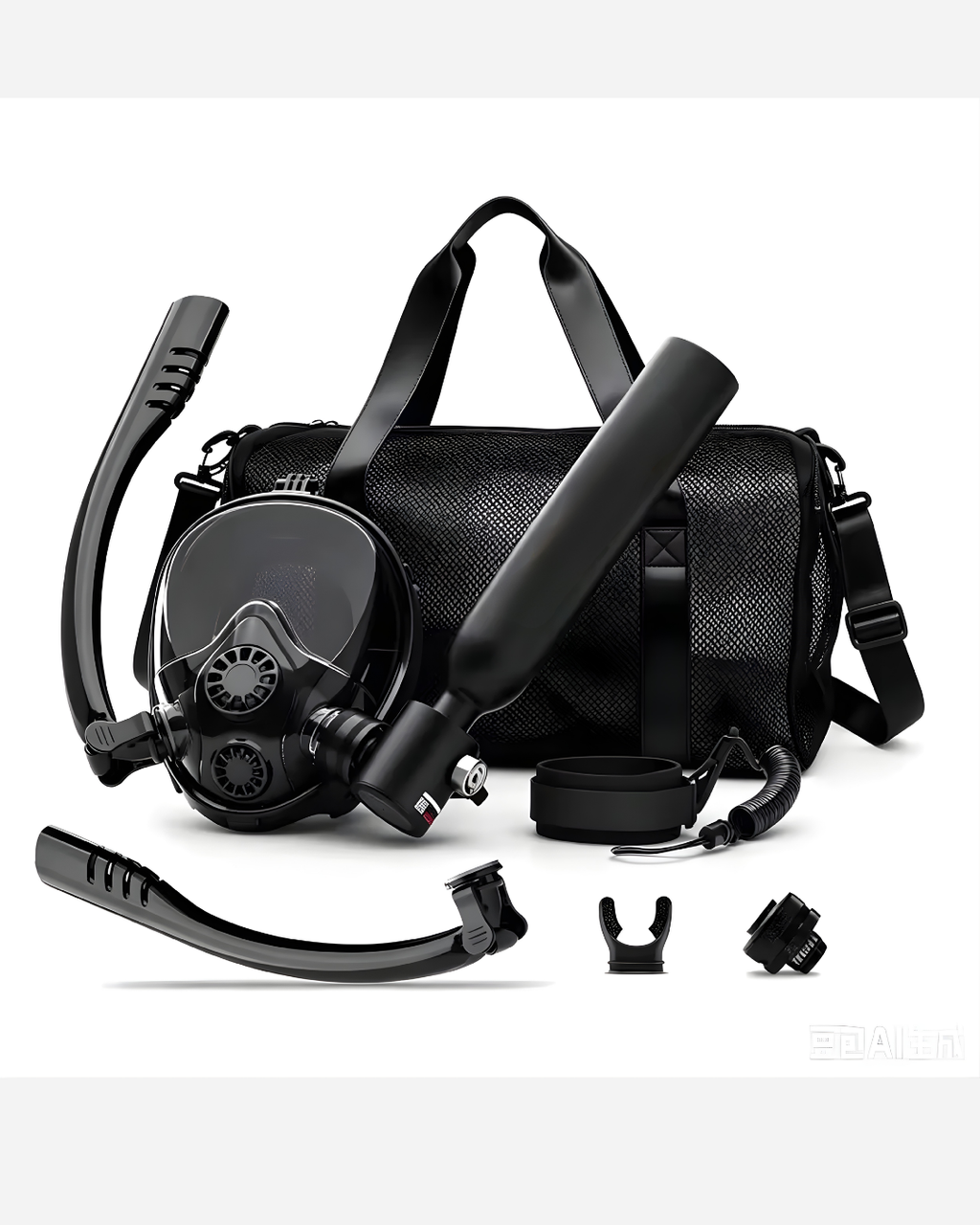 Kit de plongée Zyra AquaBreath Pro : masque intégral noir, bouteille d'air, tubas et sac filet