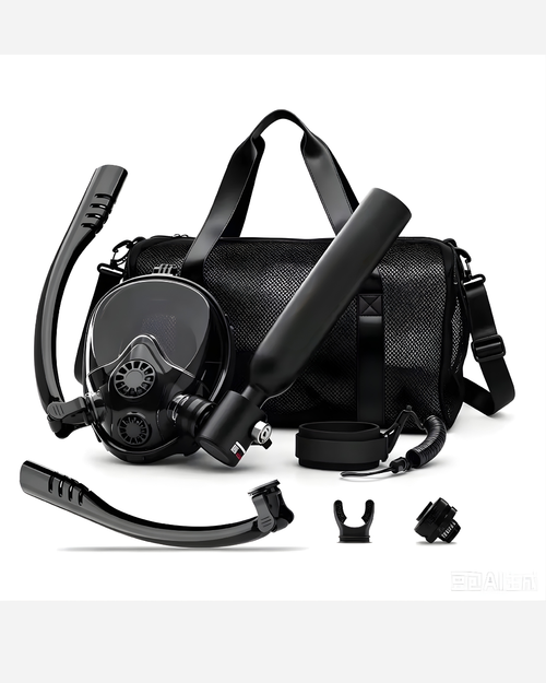 Kit de plongée Zyra AquaBreath Pro : masque intégral noir, bouteille d'air, tubas et sac filet